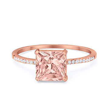 Cushion Cut Engagement Bridal Ring Rose Tone, Simulated Morganite CZ 925 Sterling Silver